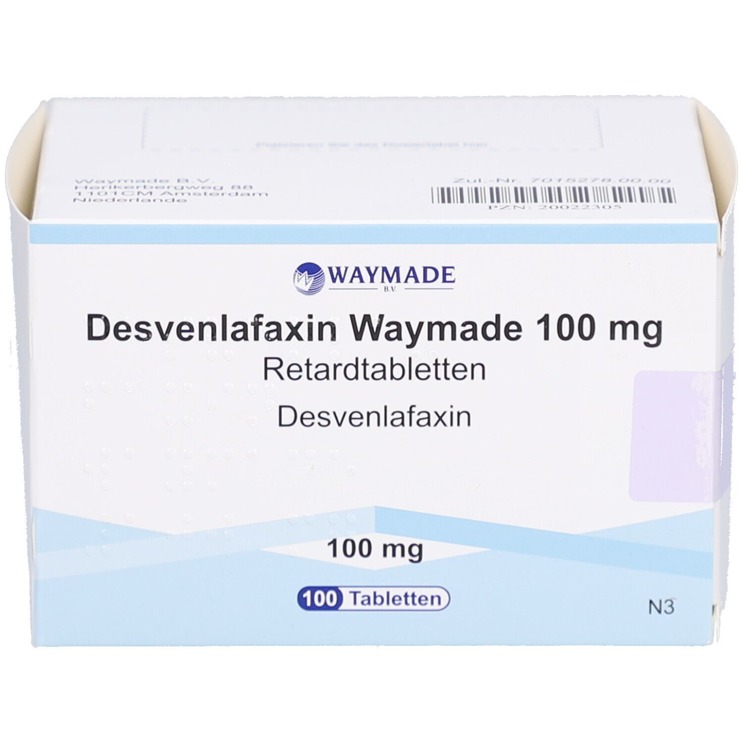 Schachtel mit Desvenlafaxin Waymade 100 mg Retardtabletten. Weiße Verpackung mit Produktnamen und Logo.