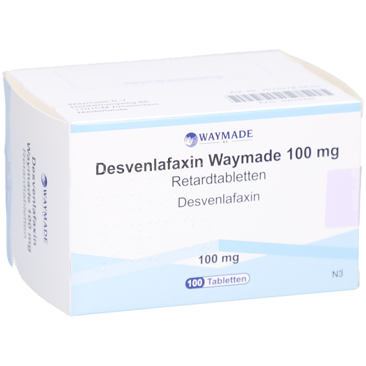 Schachtel mit Desvenlafaxin Waymade 100 mg Retardtabletten. Weiße Verpackung mit Produktnamen und Logo.