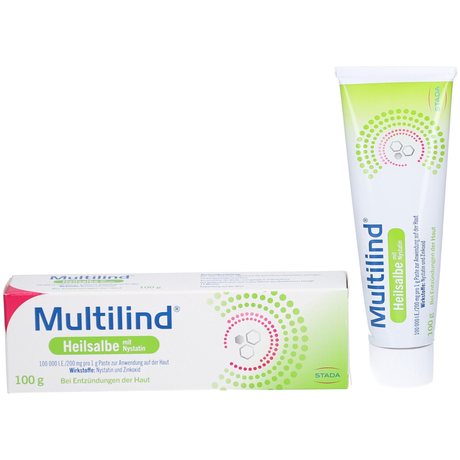 Multilind Heilsalbe Tube und Schachtel. Beide Produkte zeigen das Logo und den Produktnamen. Weiß, grün und rosa Design.