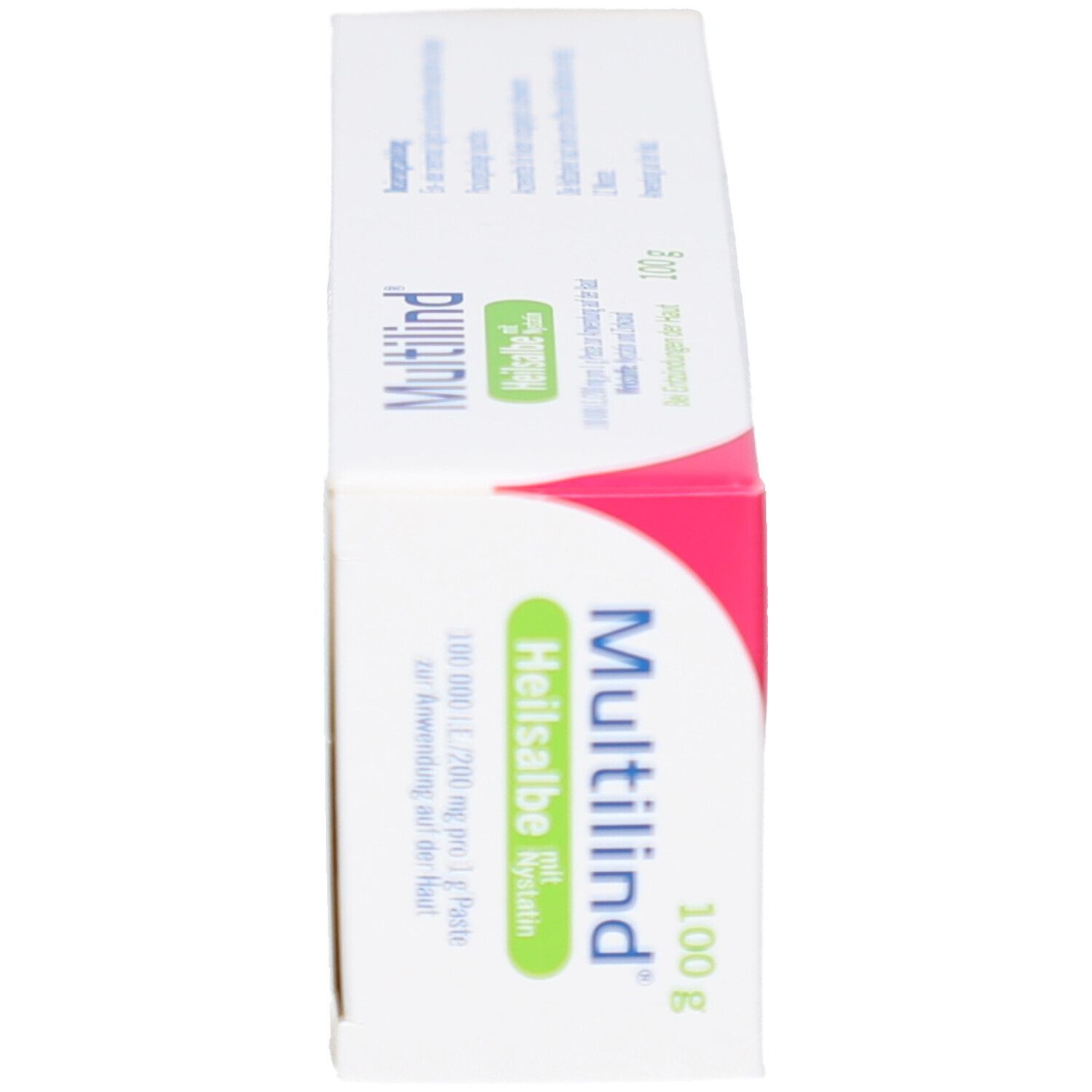 Schachtel Multilind Heilsalbe, Seitenansicht. Weiß, grün und rosa Design. Produktname und Logo sichtbar. Text: 100 g.