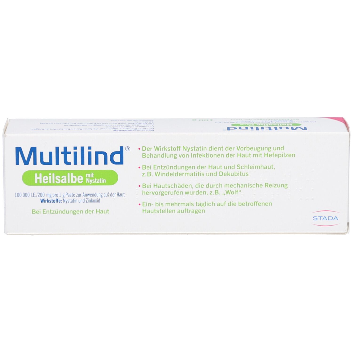 Schachtel Multilind Heilsalbe. Textinformationen auf der Verpackung. Weiß, grün und rosa Design. STADA Logo. Text: Bei Entzündungen der Haut.