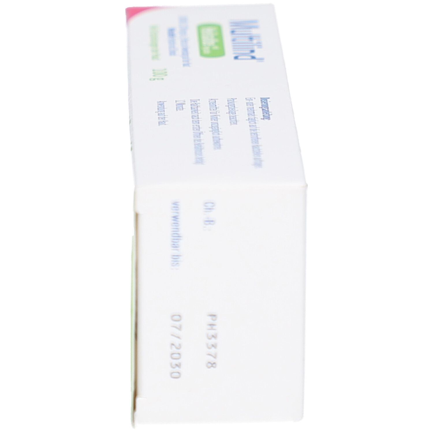 Seitenansicht der Multilind Heilsalbe Schachtel. Text und Haltbarkeitsdatum. Weiß, grün und rosa Design. PH3378.