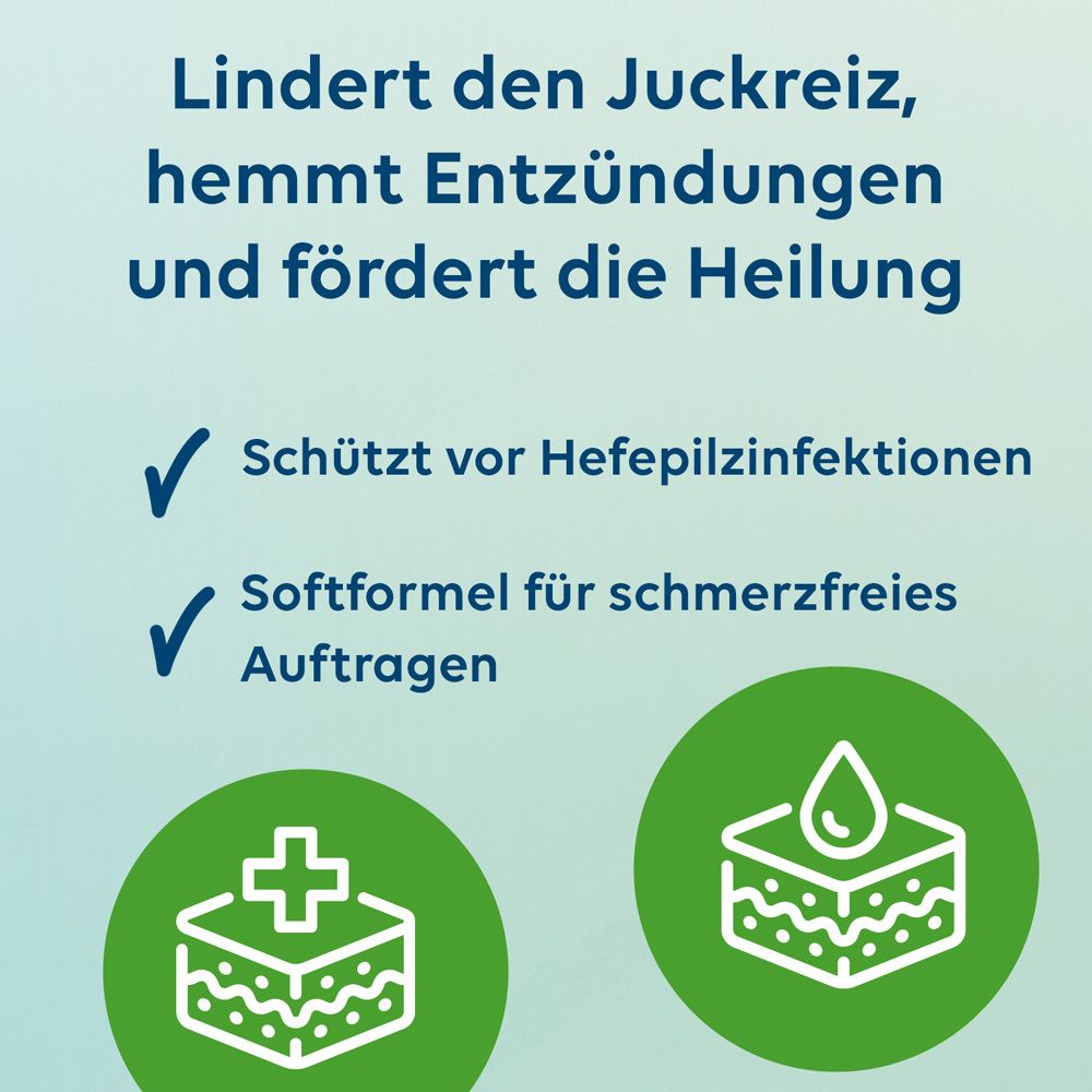 Text: Lindert Juckreiz, hemmt Entzündungen und fördert die Heilung. Zwei grüne Kreise mit Symbolen.