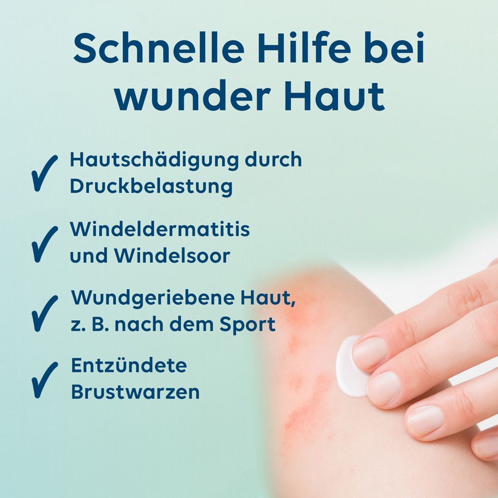 Text: Schnelle Hilfe bei wunder Haut. Vier grüne Häkchen. Hand mit Pflaster auf roter Haut.