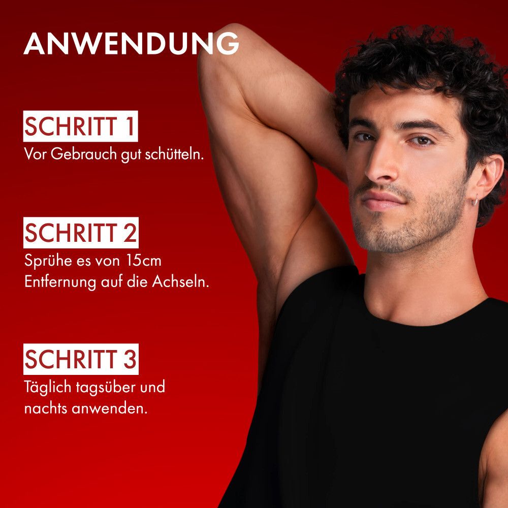Vichy Homme Deo Spray, weißer Hintergrund. Text: Verträglichkeit dermatologisch getestet. Alkoholfreie Formel.