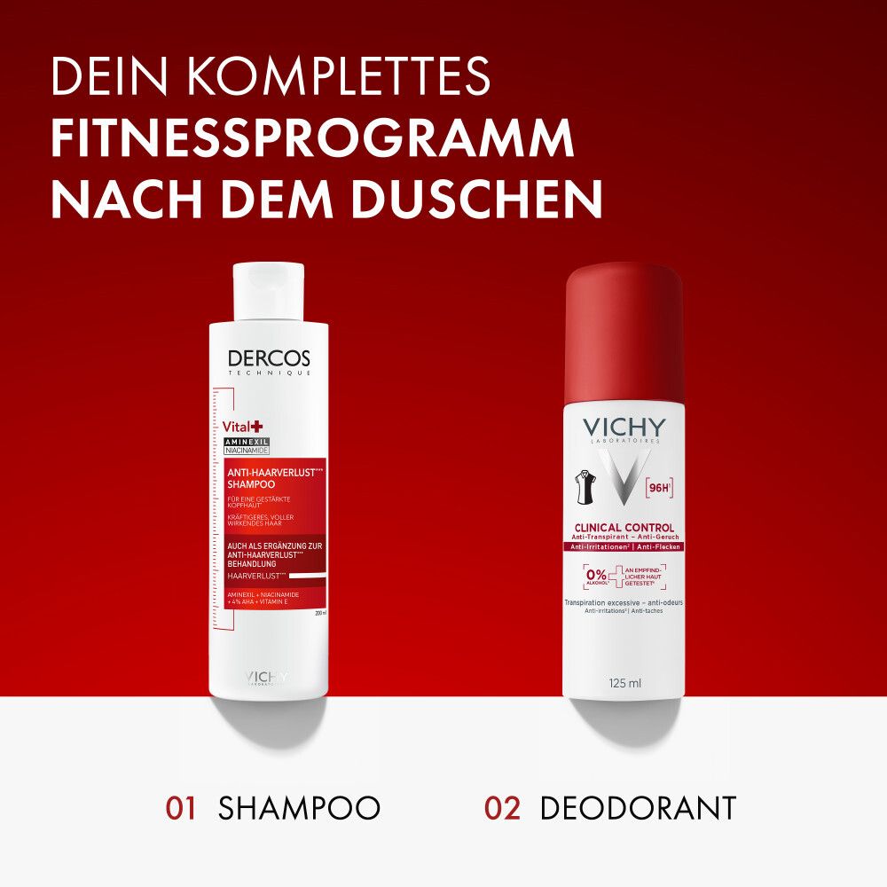 Vichy Deo Spray und Shampoo. Roter Hintergrund. Text: Dein komplettes Fitnessprogramm nach dem Duschen.