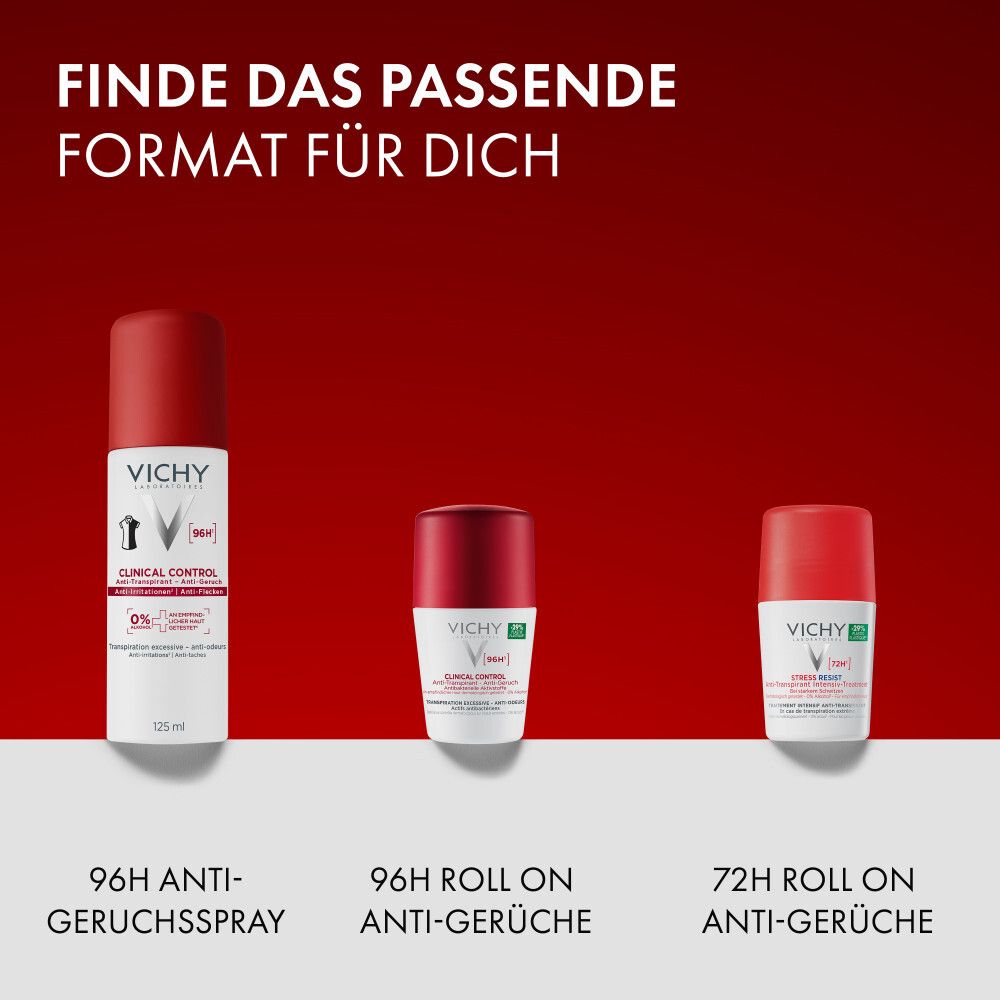 Drei Vichy Deo-Formate. Roter Hintergrund. Text: Finde das passende Format für dich. 96H Spray, Roll-on.