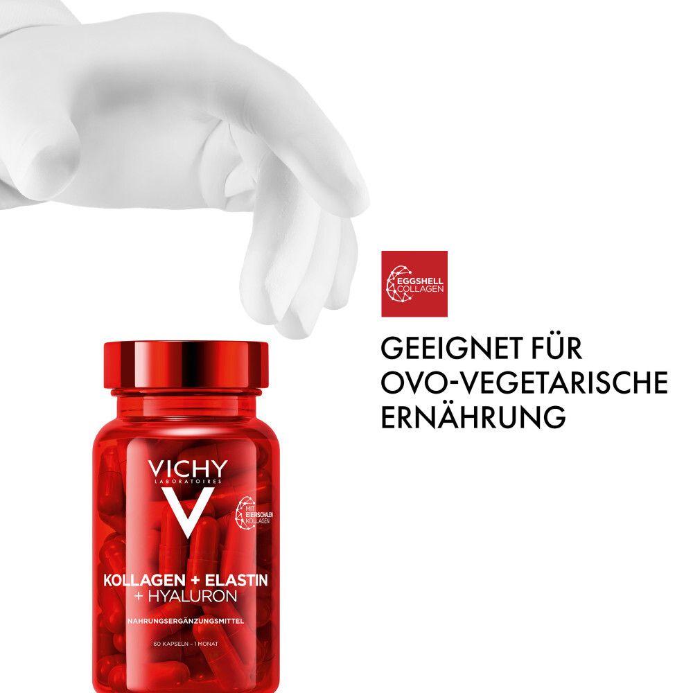 Hand mit weißem Handschuh neben einer Flasche Vichy Kollagen. Text: Geeignet für ovo-vegetarische Ernährung. Logo: Eggshell Collagen.