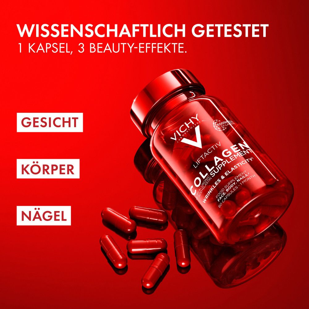 Flasche Vichy Kollagen und Kapseln. Text: Wissenschaftlich getestet. 1 Kapsel, 3 Beauty-Effekte. Gesicht, Körper, Nägel.