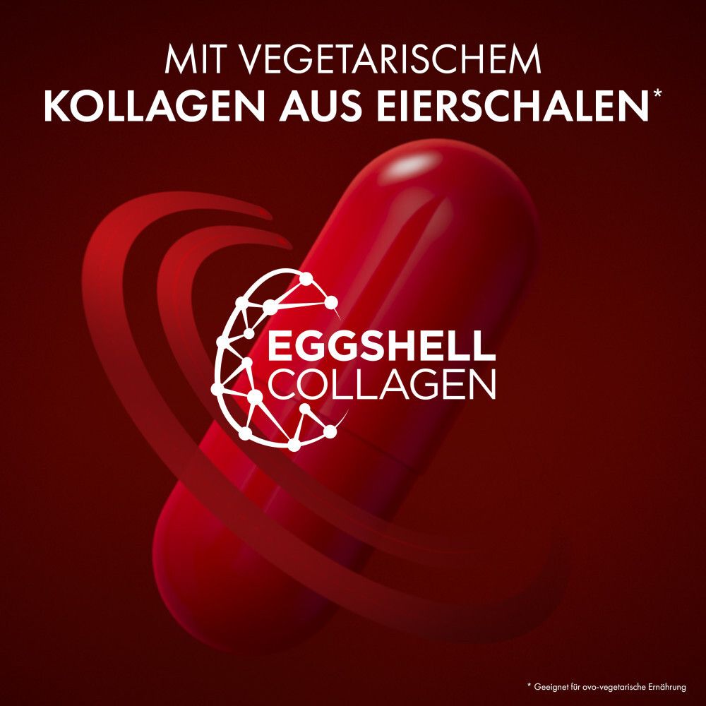 Rote Kapsel mit Eggshell Collagen Logo. Text: Mit vegetarischem Kollagen aus Eierschalen.