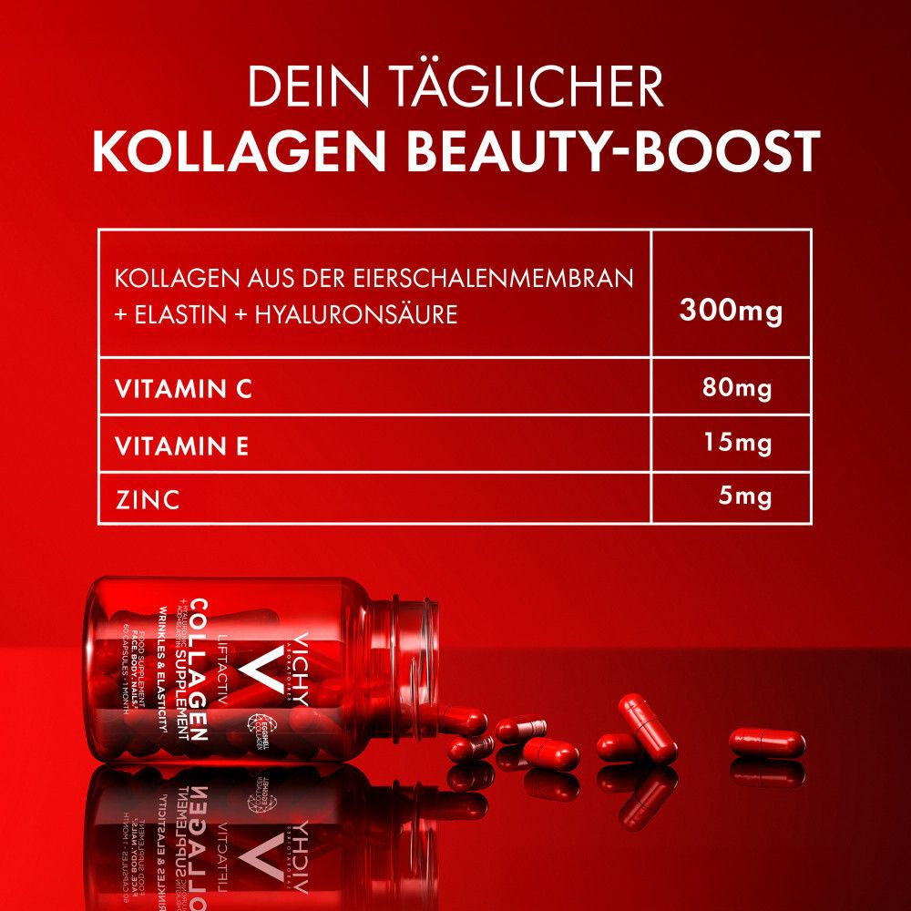 Tabelle mit Inhaltsstoffen: Kollagen, Elastin, Hyaluronsäure, Vitamin C, E, Zink. Flasche Vichy Kollagen und Kapseln.