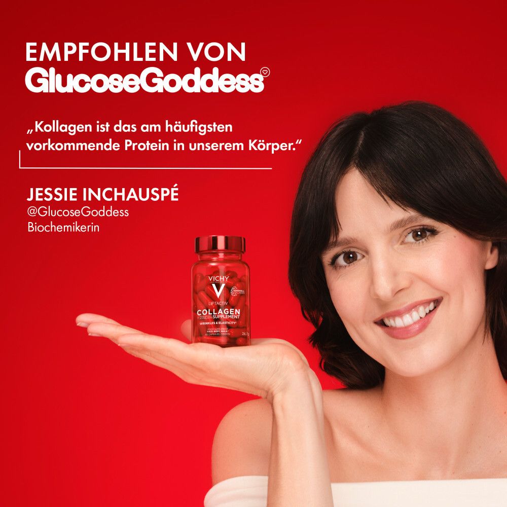Frau hält Flasche Vichy Kollagen. Text: Empfohlen von GlucoseGoddess. Zitat über Kollagen.