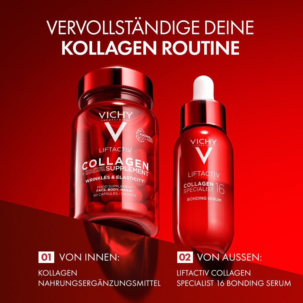 Flasche und Serum Vichy. Text: Vervollständige deine Kollagen Routine. 01 von innen: Kollagen Nahrungsergänzungsmittel. 02 von außen: Serum.