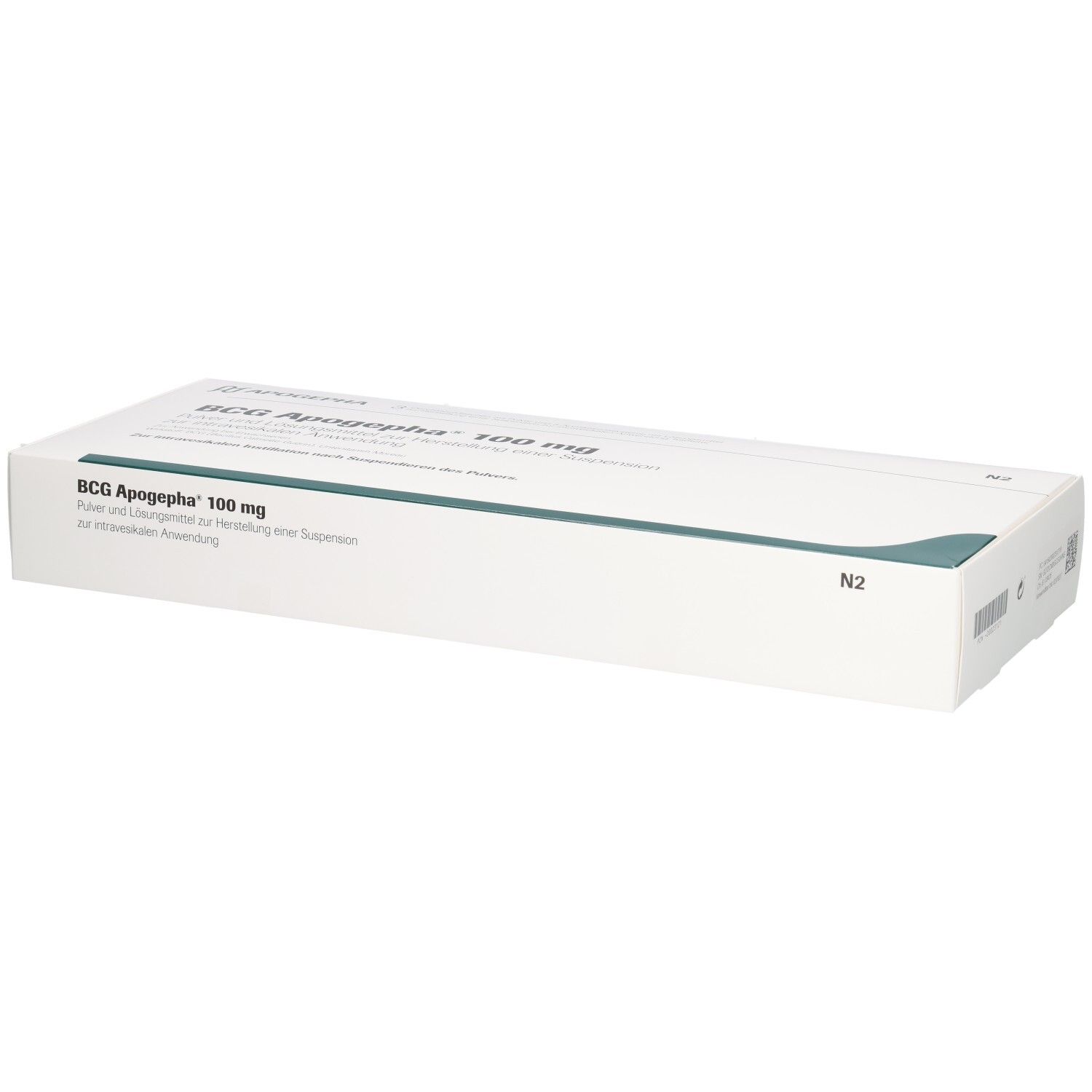 Weiße Produktverpackung mit Aufschrift "BCG Apogepha 100 mg". Grünliche Zierleiste. Text in deutscher Sprache.