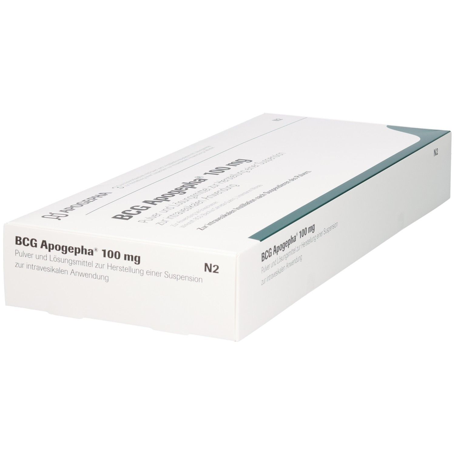 Schräg gestellte Produktverpackung mit "BCG Apogepha 100 mg" Aufdruck. Grünliche Zierleiste. Text in deutscher Sprache.