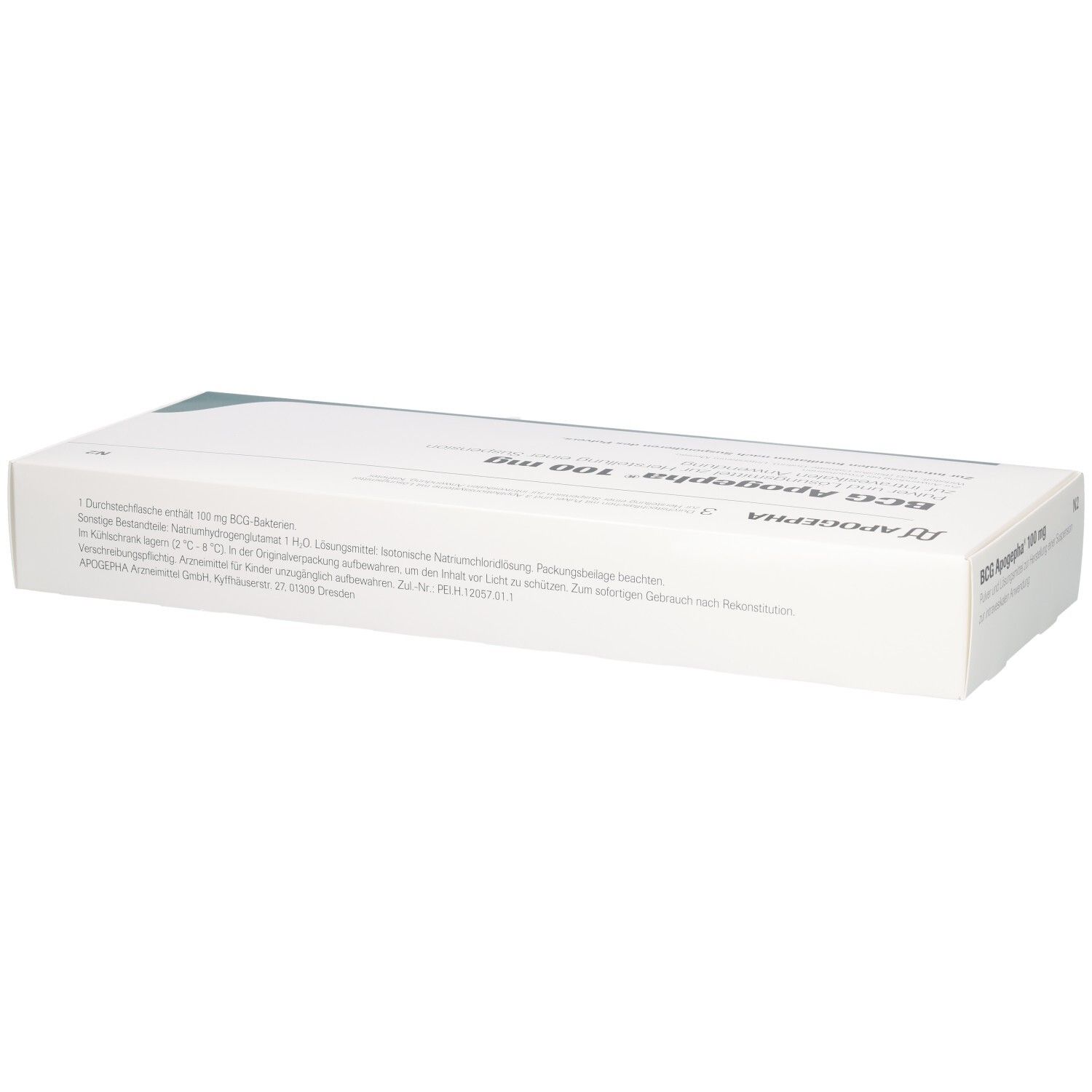 Produktverpackung mit "BCG Apogepha 100 mg" Aufdruck. Text in deutscher Sprache. Weiße Verpackung.