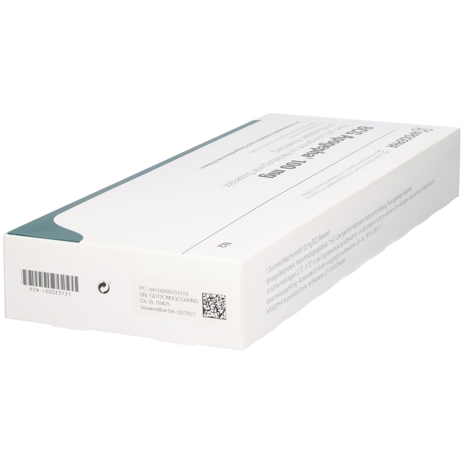 Produktverpackung mit Barcode, QR-Code und Text. Weiße Verpackung mit grünlicher Zierleiste.