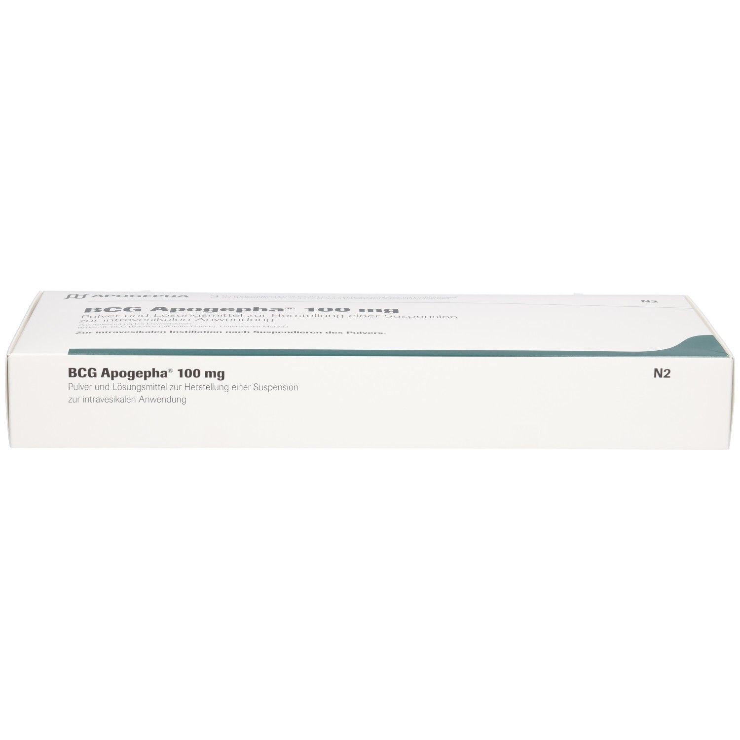 Produktverpackung mit "BCG Apogepha 100 mg" Aufdruck. Text in deutscher Sprache. Weiße Verpackung.