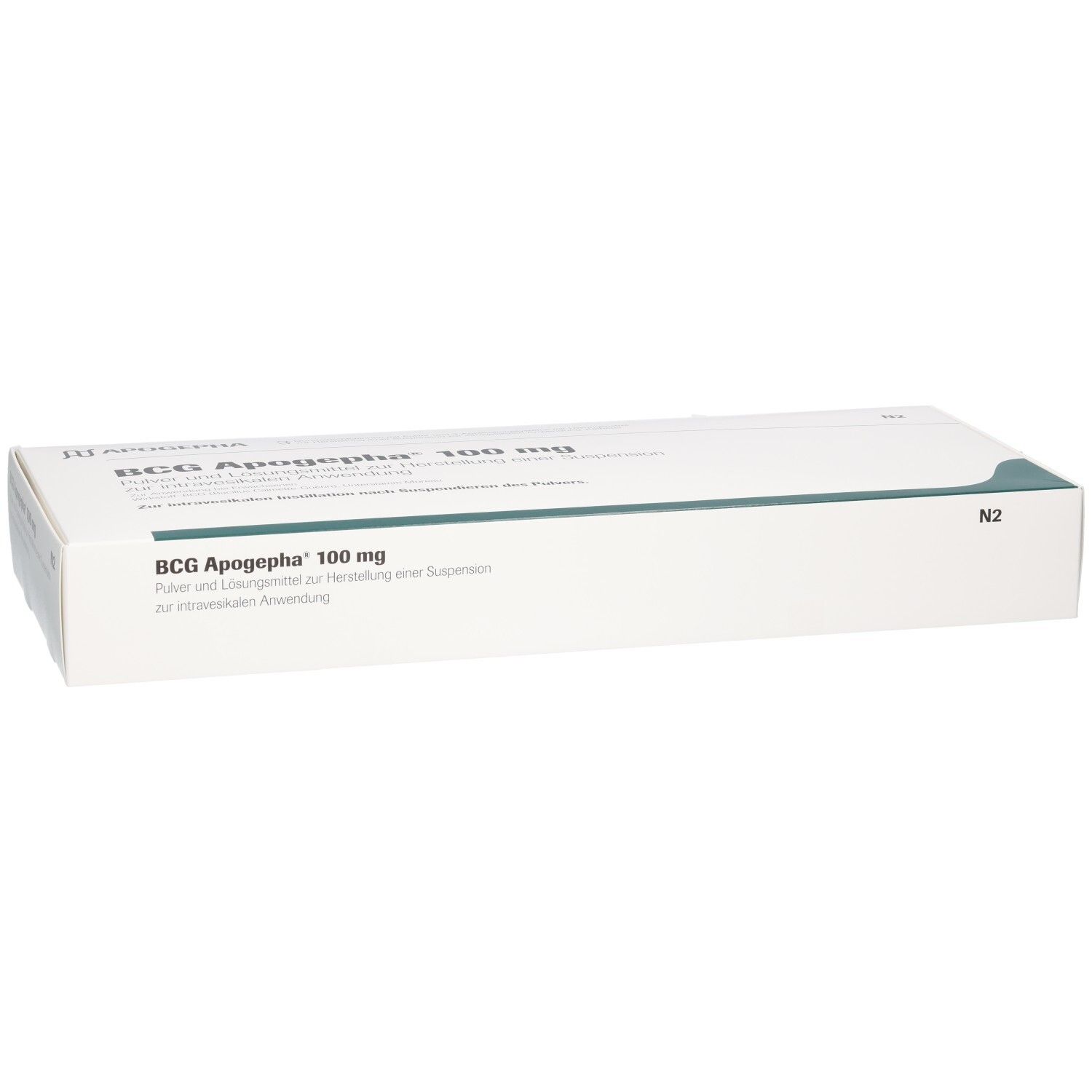 Produktverpackung mit "BCG Apogepha 100 mg" Aufdruck. Text in deutscher Sprache. Weiße Verpackung.