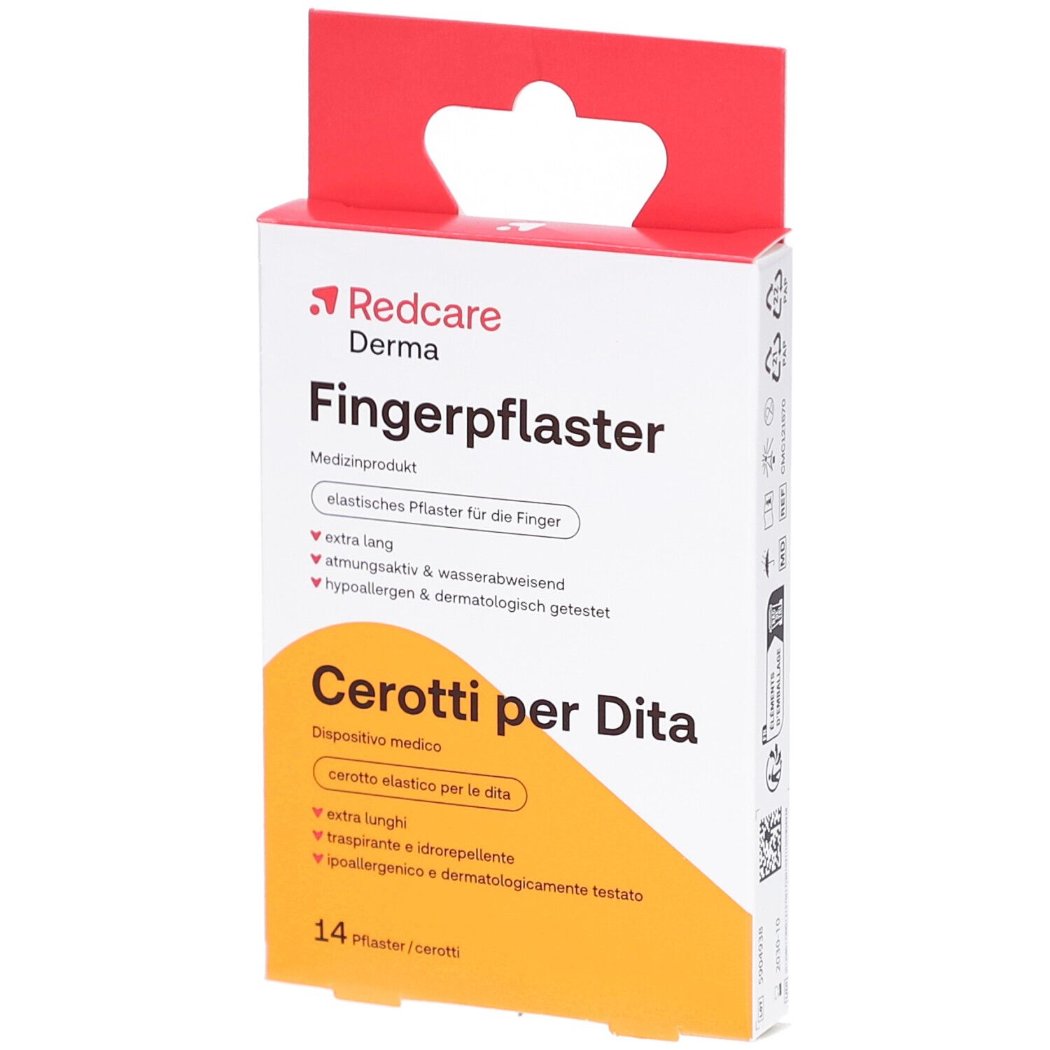 Verpackung mit Fingerpflastern. Marke Redcare Derma. Aufschrift: Fingerpflaster, Cerotti per Dita. 14 Pflaster.