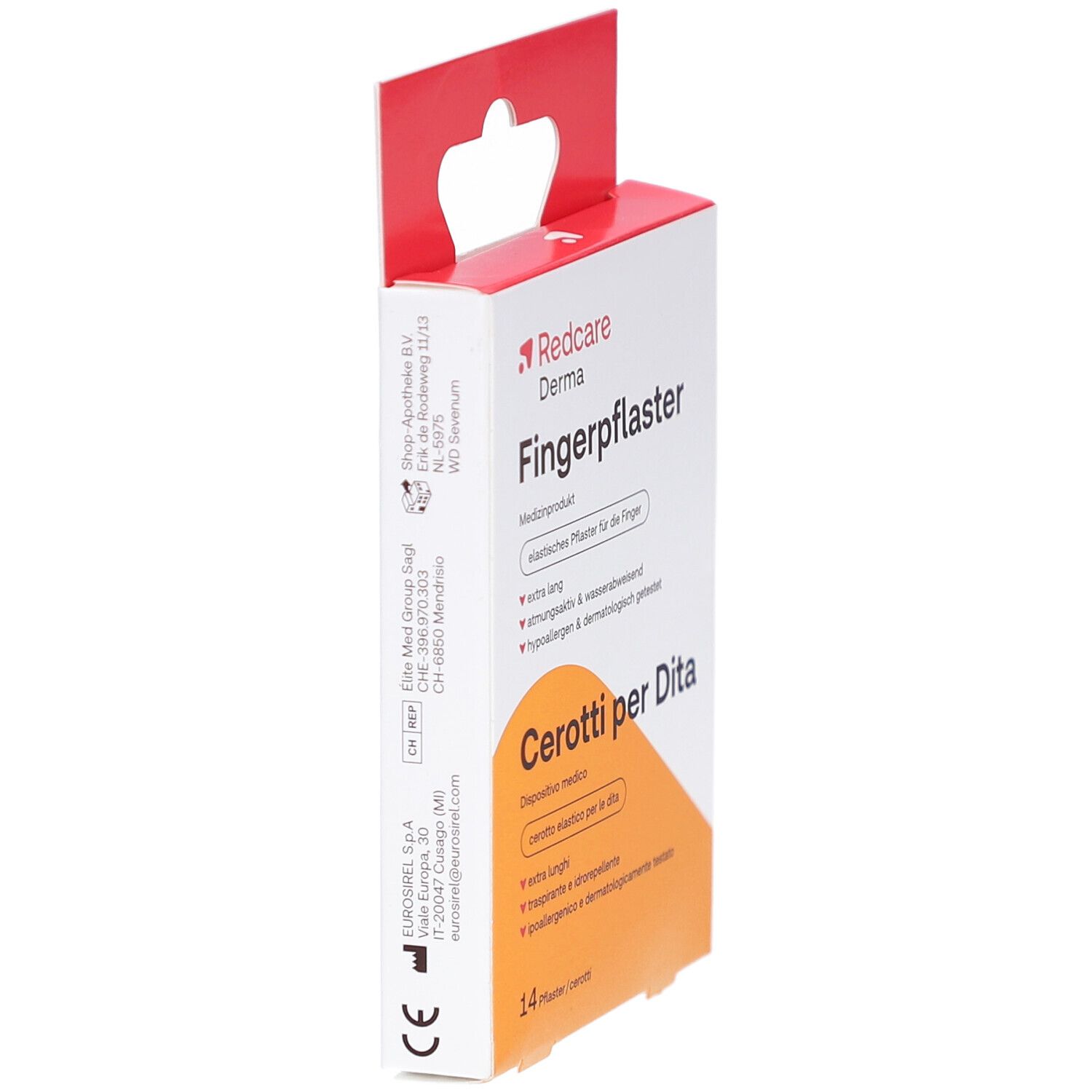 Verpackung mit Fingerpflastern. Marke Redcare Derma. Aufschrift: Fingerpflaster, Cerotti per Dita. 14 Pflaster.