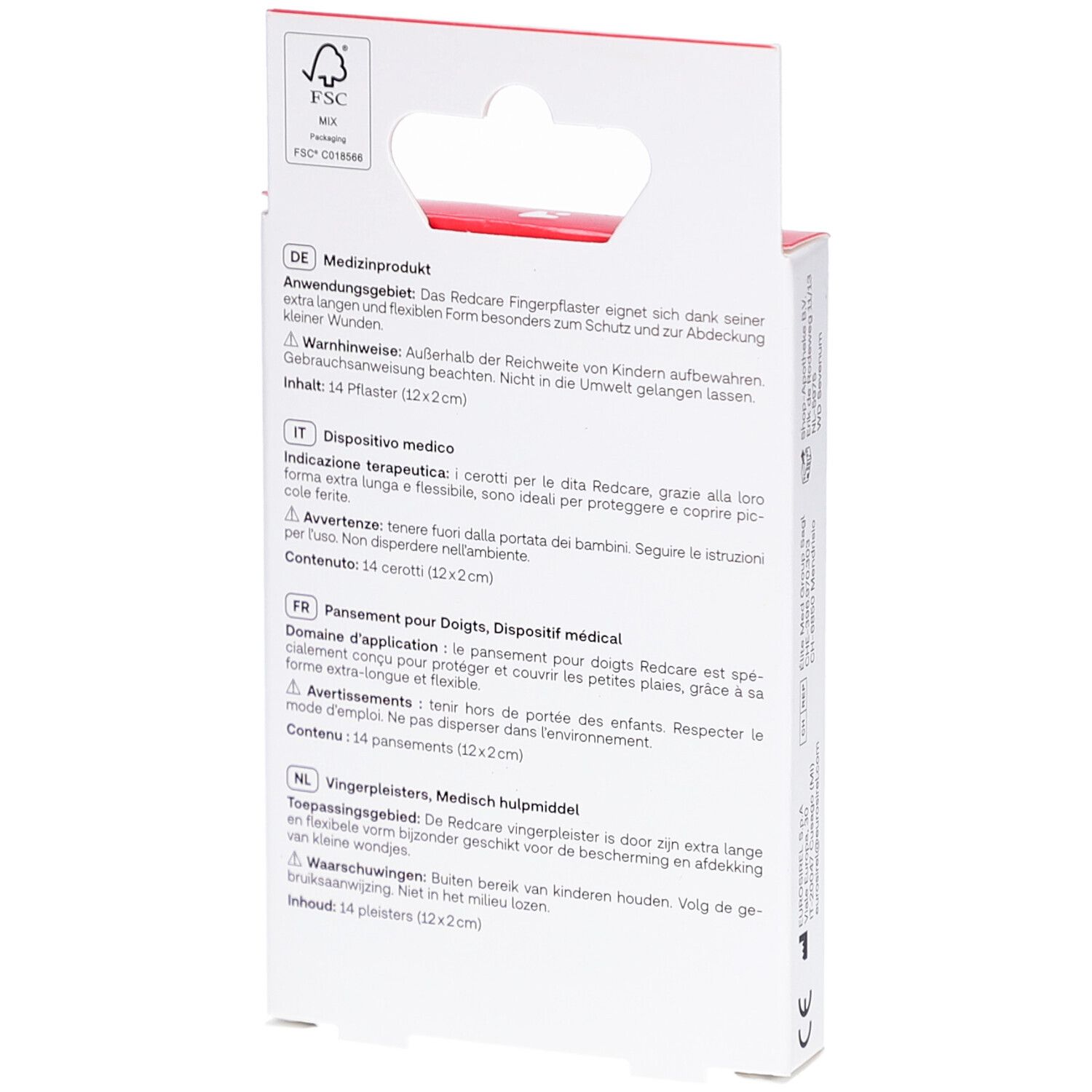 Rückseite der Verpackung mit Fingerpflastern. Text in Deutsch, Italienisch, Französisch und Niederländisch.