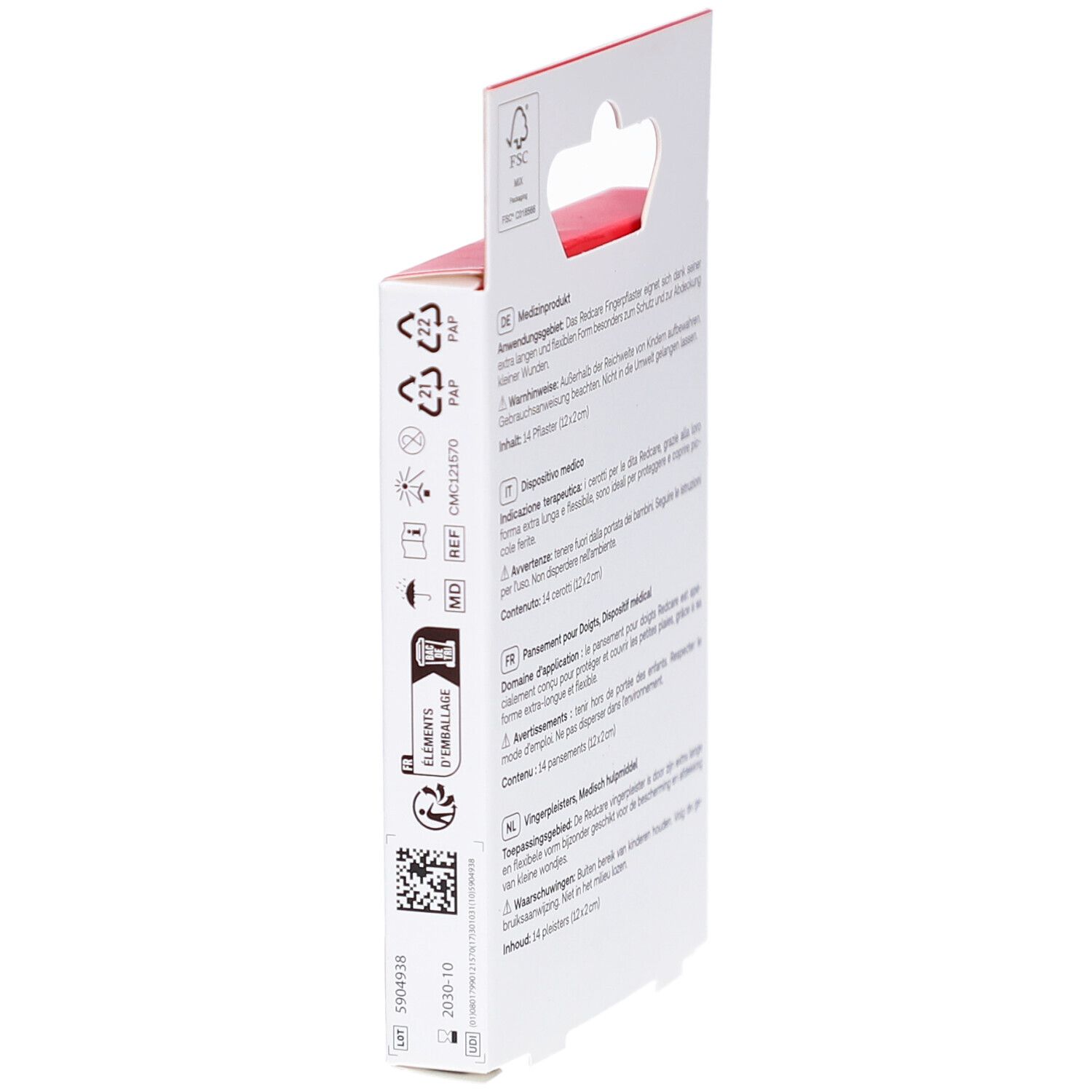 Rückseite der Verpackung mit Fingerpflastern. Text in Deutsch, Italienisch, Französisch und Niederländisch.