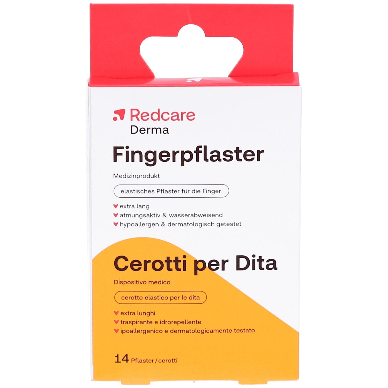 Verpackung mit Fingerpflastern. Marke Redcare Derma. Aufschrift: Fingerpflaster, Cerotti per Dita. 14 Pflaster.
