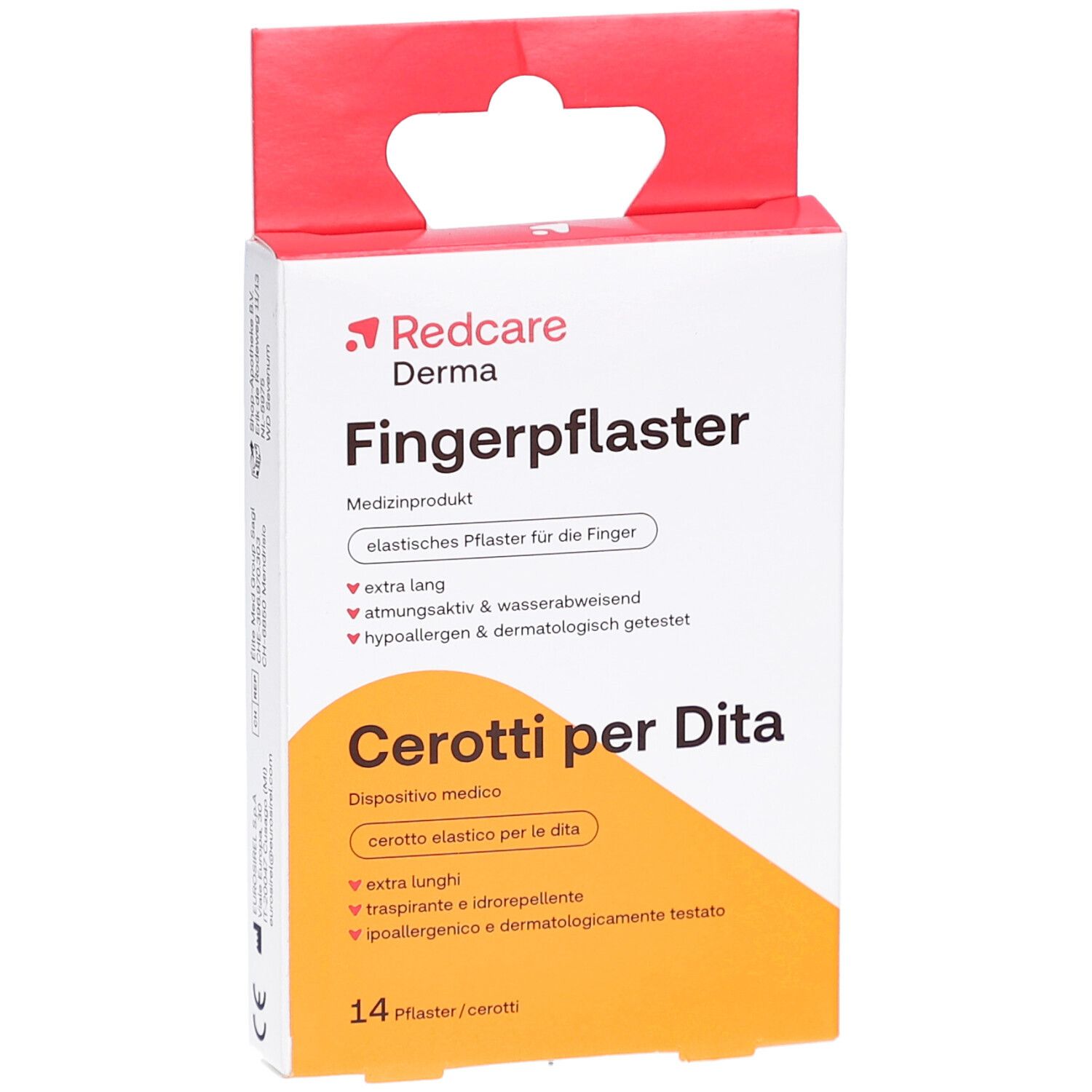 Verpackung mit Fingerpflastern. Marke Redcare Derma. Aufschrift: Fingerpflaster, Cerotti per Dita. 14 Pflaster.