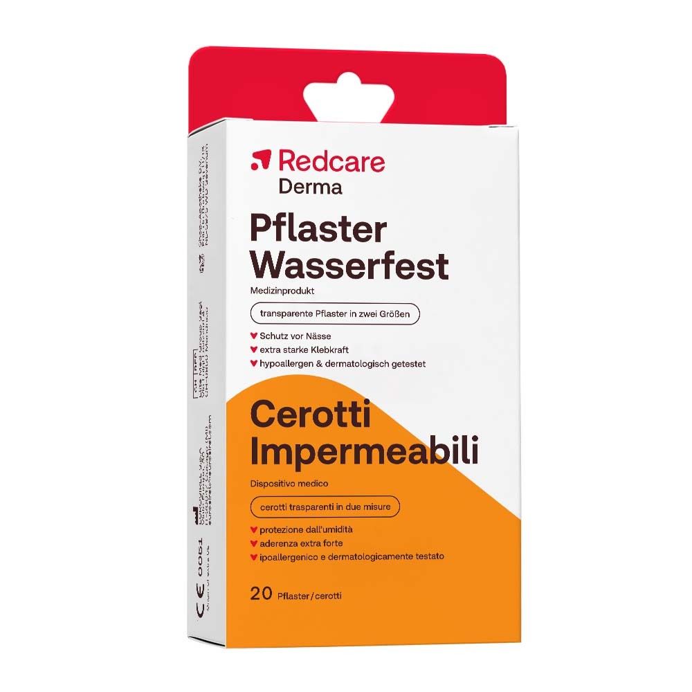 Verpackung von Redcare Derma Pflaster Wasserfest. Enthält 20 transparente Pflaster. Aufdruck: Cerotti Impermeabili.