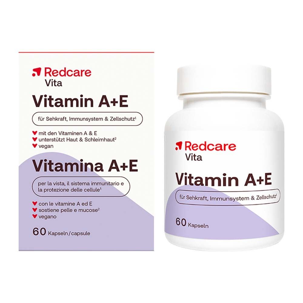 Weiße Flasche und Schachtel mit Redcare Vita Vitamin A+E. Aufschrift: 60 Kapseln. Für Sehkraft, Immunsystem & Zellschutz.