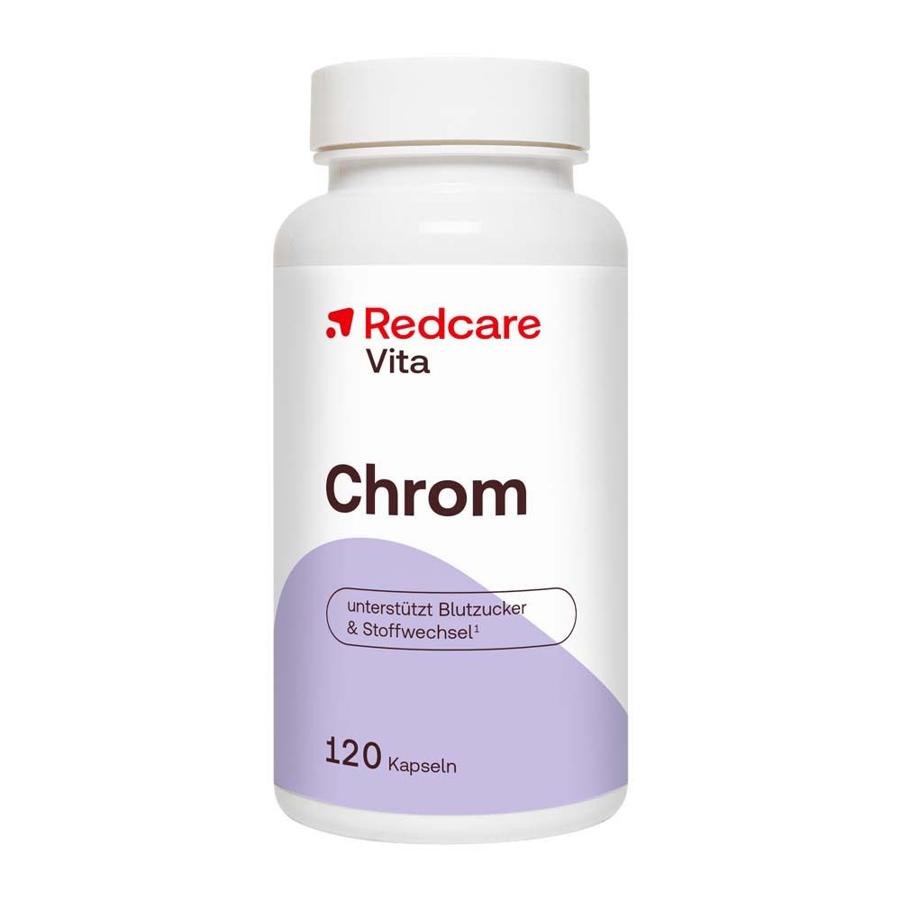Weiße Flasche mit Kapseln. Aufschrift: Redcare Vita Chrom. 120 Kapseln. Text: unterstützt Blutzucker & Stoffwechsel.
