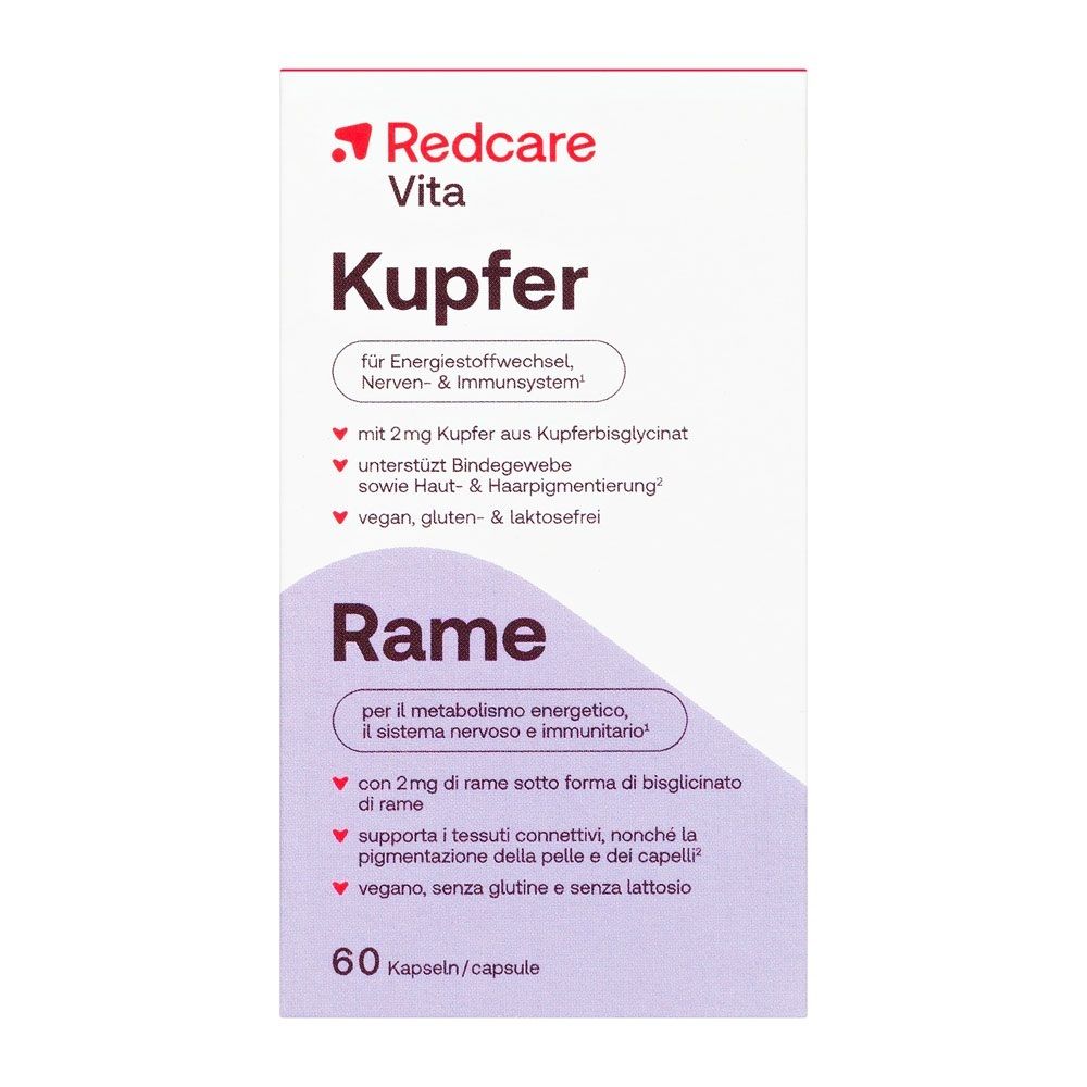 Verpackung Redcare Vita Kupfer mit 60 Kapseln.