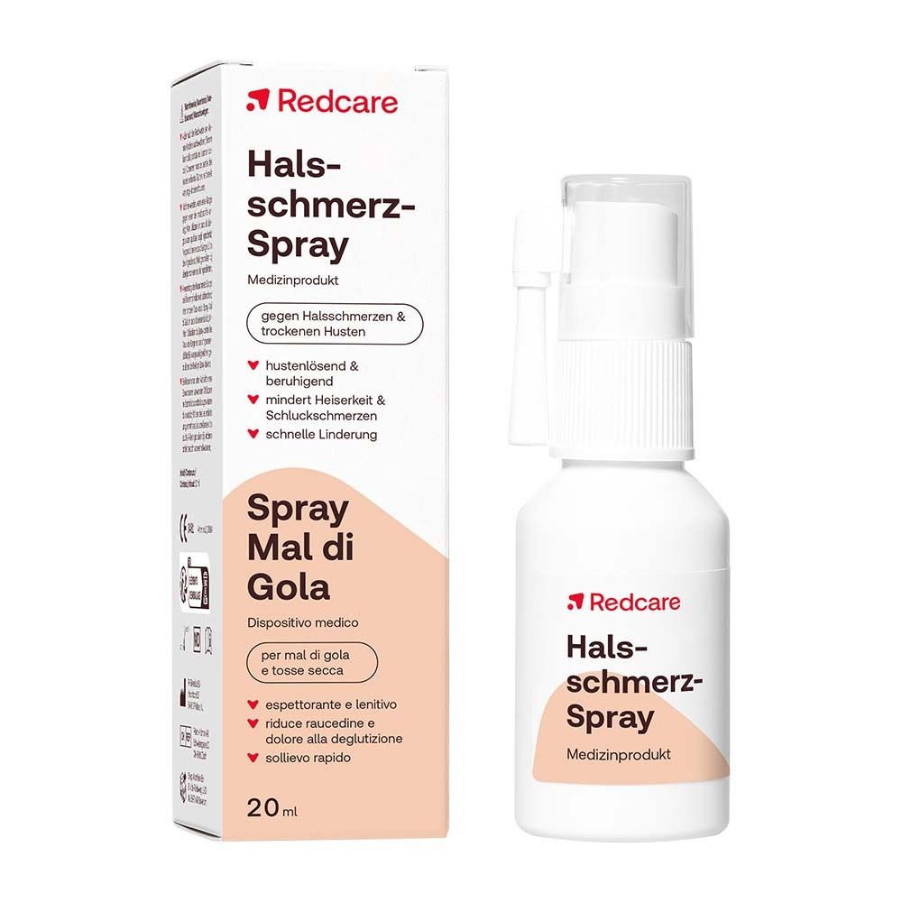 Weißes Fläschchen mit Sprühkopf und Kappe. Aufschrift: Redcare Halsschmerz-Spray. Medizinprodukt. Begleitend: Karton mit Produktinformationen.
