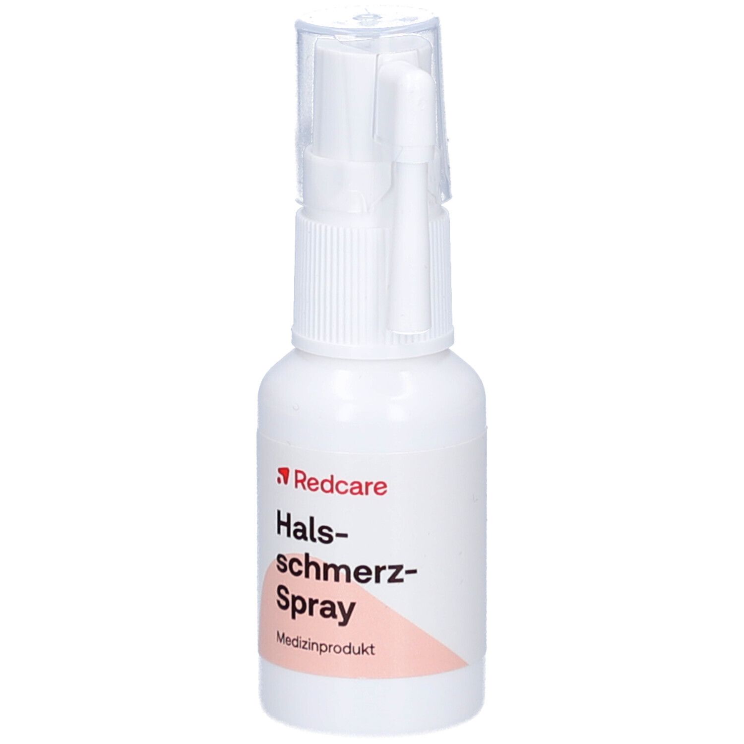 Weißes Fläschchen mit Sprühkopf und Kappe. Aufschrift: Redcare Halsschmerz-Spray. Medizinprodukt. 20ml.