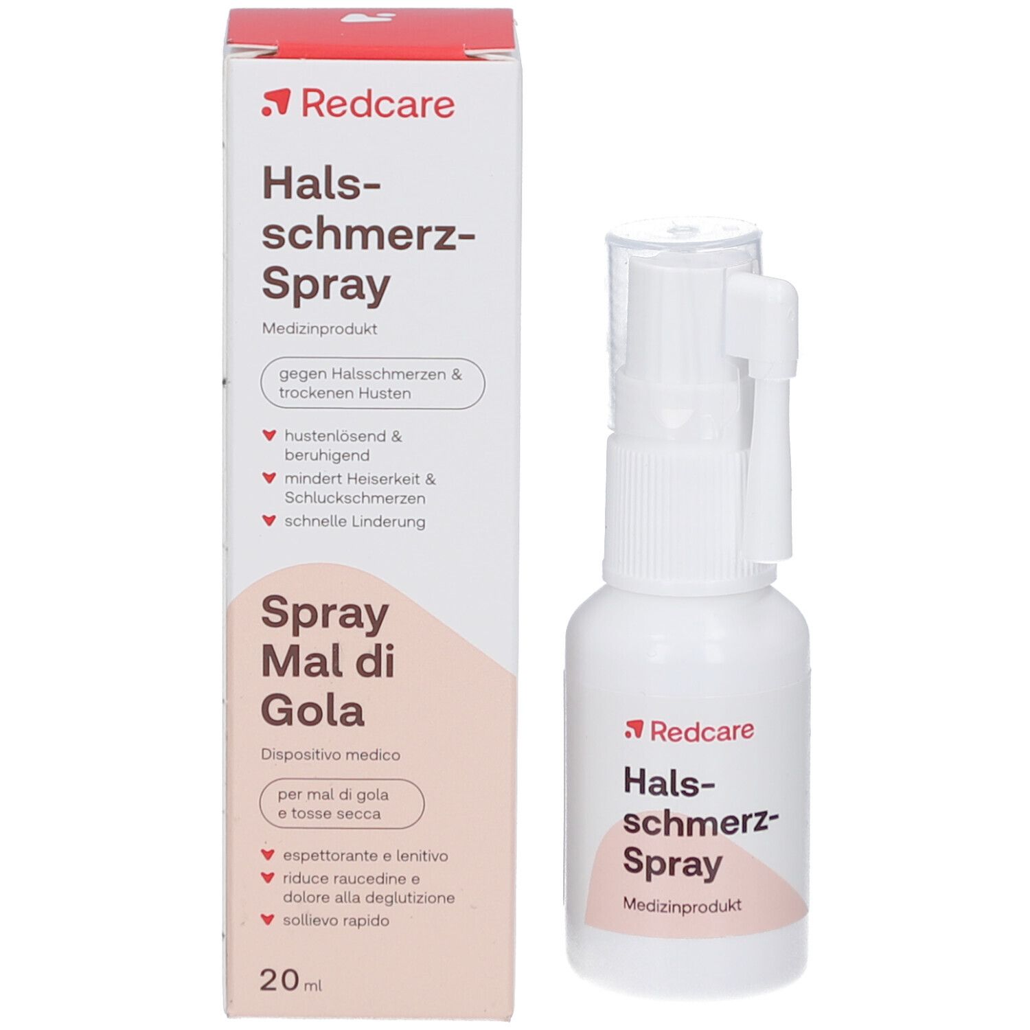 Weißes Fläschchen mit Sprühkopf und Kappe. Aufschrift: Redcare Halsschmerz-Spray. Medizinprodukt. Begleitend: Karton mit Produktinformationen.