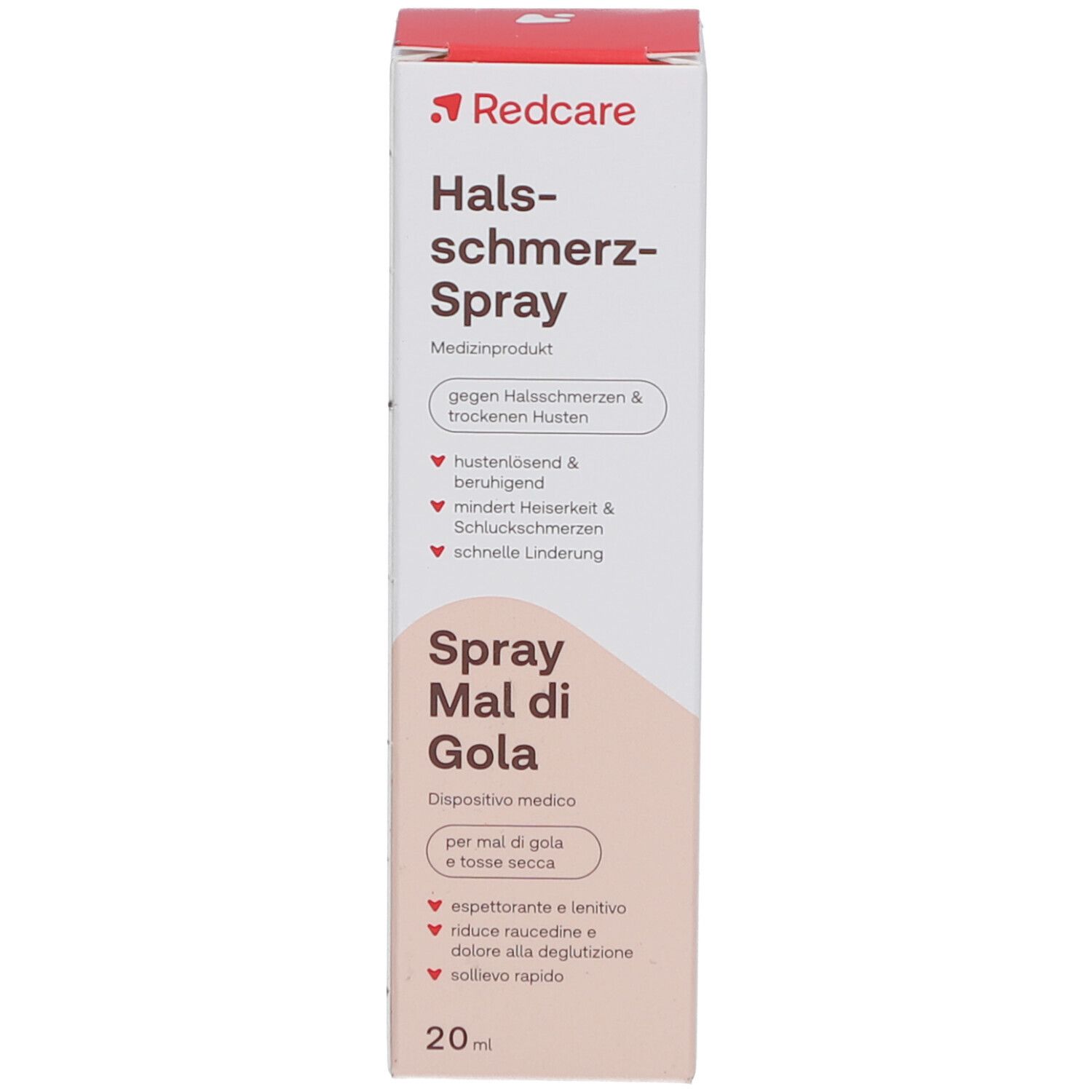 Karton mit Produktinformationen. Aufschrift: Redcare Halsschmerz-Spray. Medizinprodukt. 20ml.