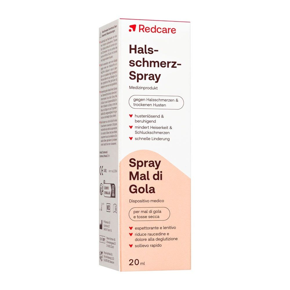 Verpackung des Redcare Halsschmerz-Sprays mit CE-Kennzeichnung und medizinischen Symbolen.