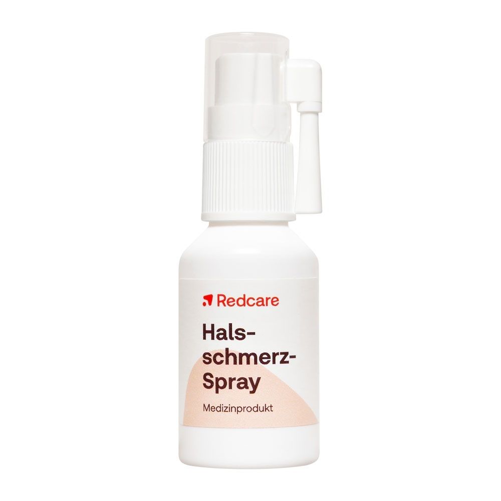 Redcare Halsschmerz-Spray in weißer Flasche mit Applikator. Medizinprodukt.