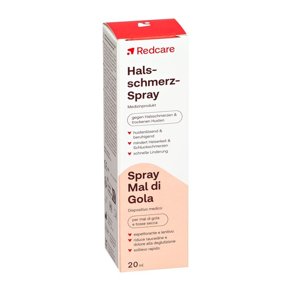 Verpackung des Redcare Halsschmerz-Sprays. Enthält Informationen zu Hustenlöser und Beruhigung.