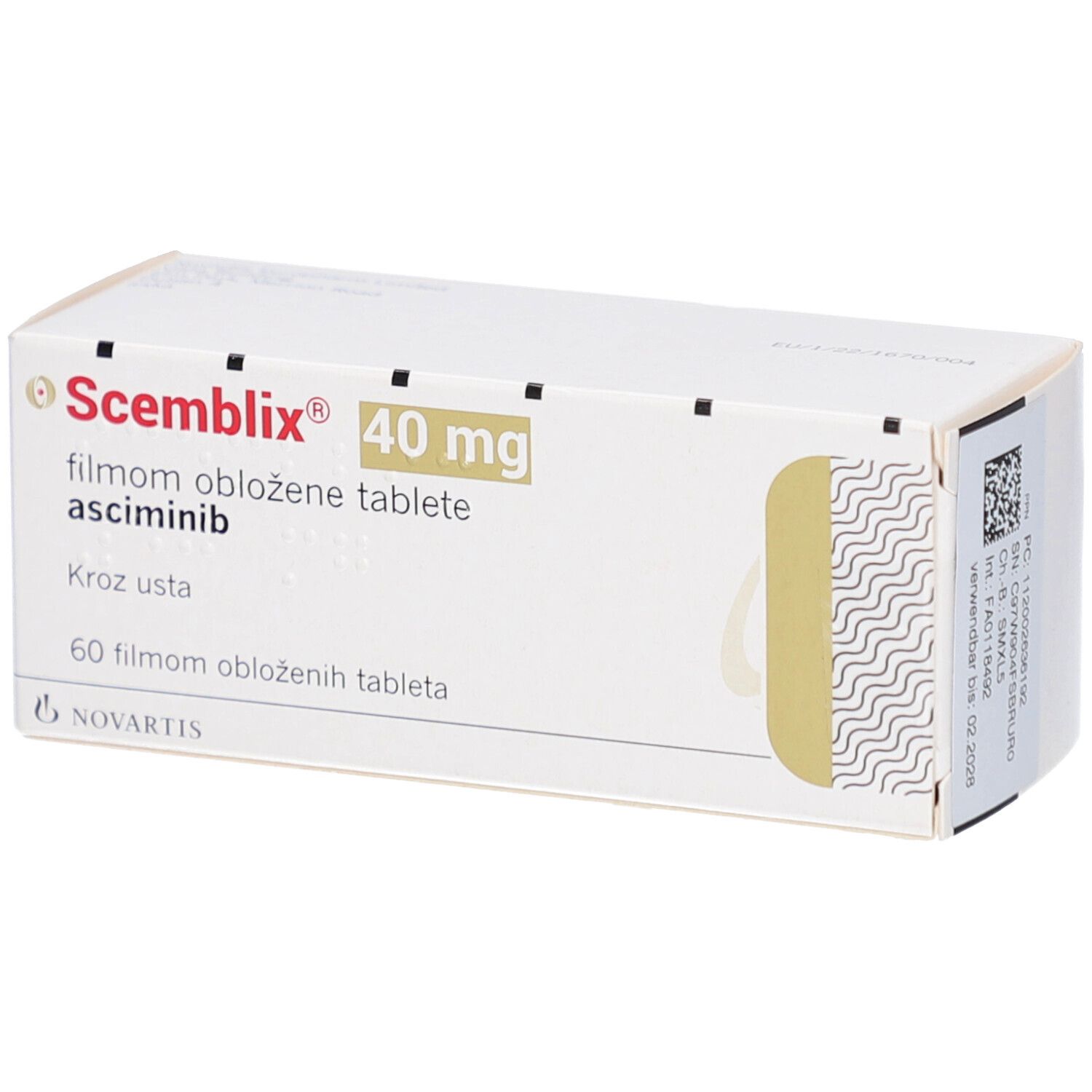 Schachtel mit SCEMBLIX 40 mg Filmtabletten. Aufschrift: 60 Filmtabletten. Novartis-Logo.