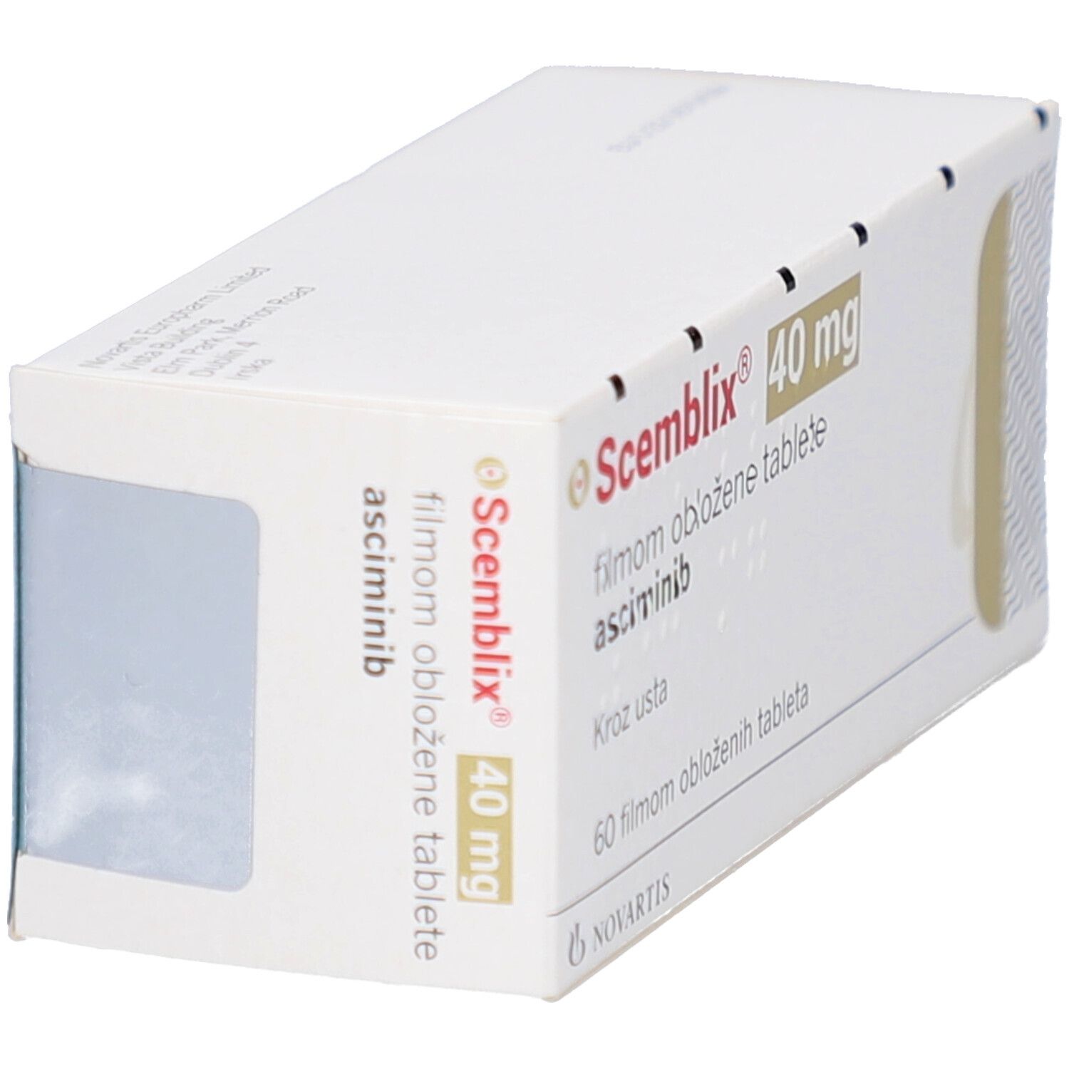 Schachtel SCEMBLIX 40 mg Filmtabletten. Seitenansicht. Aufschrift: 60 Filmtabletten. Novartis-Logo.