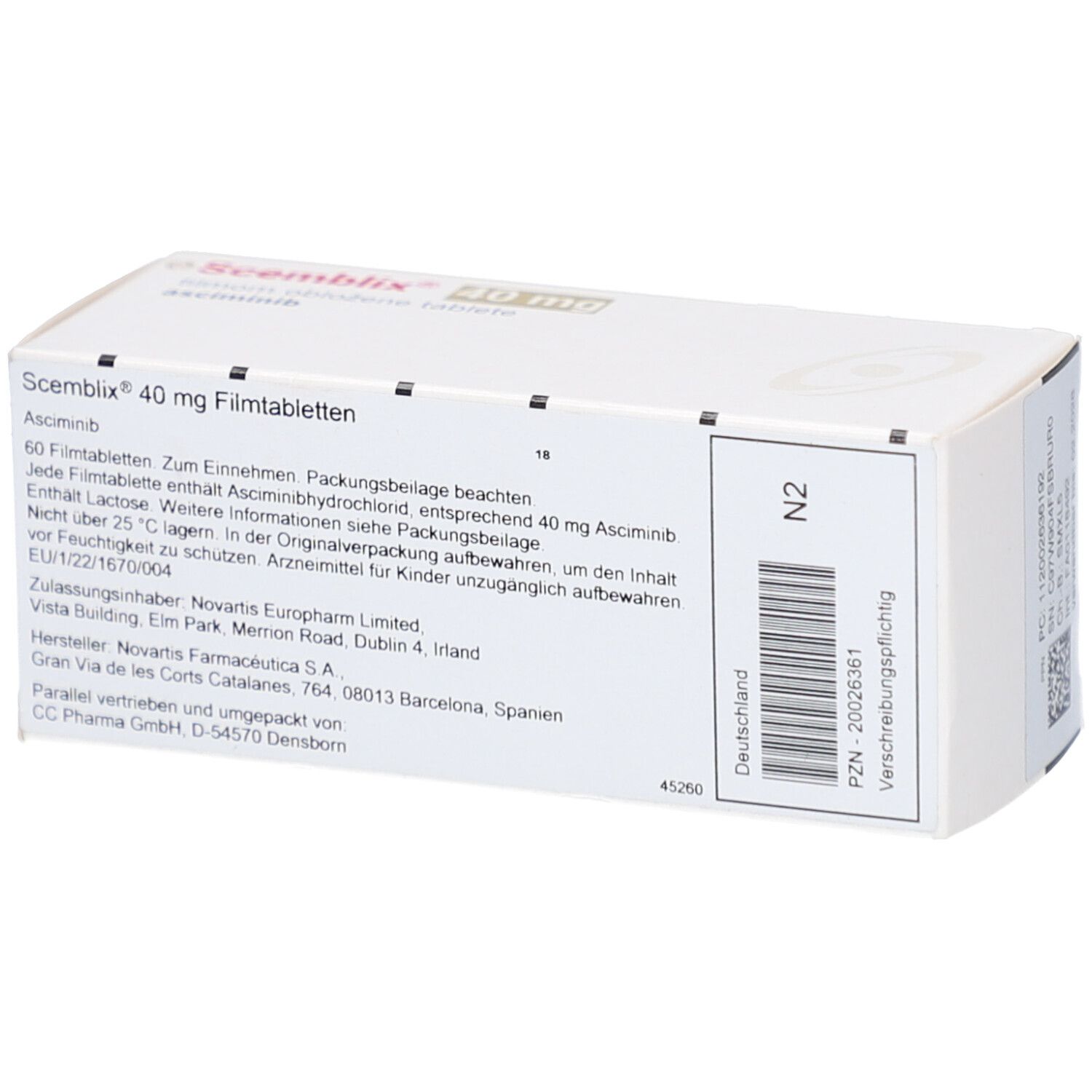 Rückseite der Schachtel SCEMBLIX 40 mg Filmtabletten. Textinformationen und Barcode.