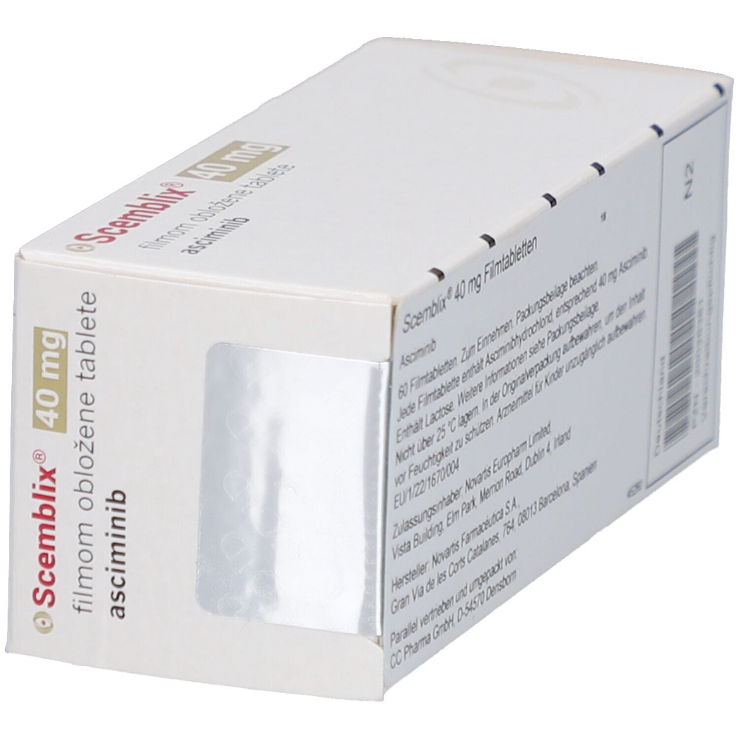 Schachtel SCEMBLIX 40 mg Filmtabletten, Seitenansicht. Textinformationen und Barcode.