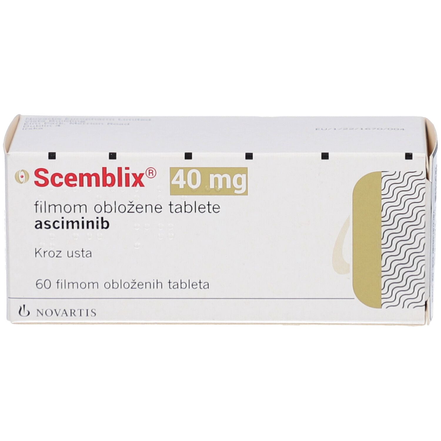 Schachtel SCEMBLIX 40 mg Filmtabletten. Aufschrift: 60 Filmtabletten. Novartis-Logo.