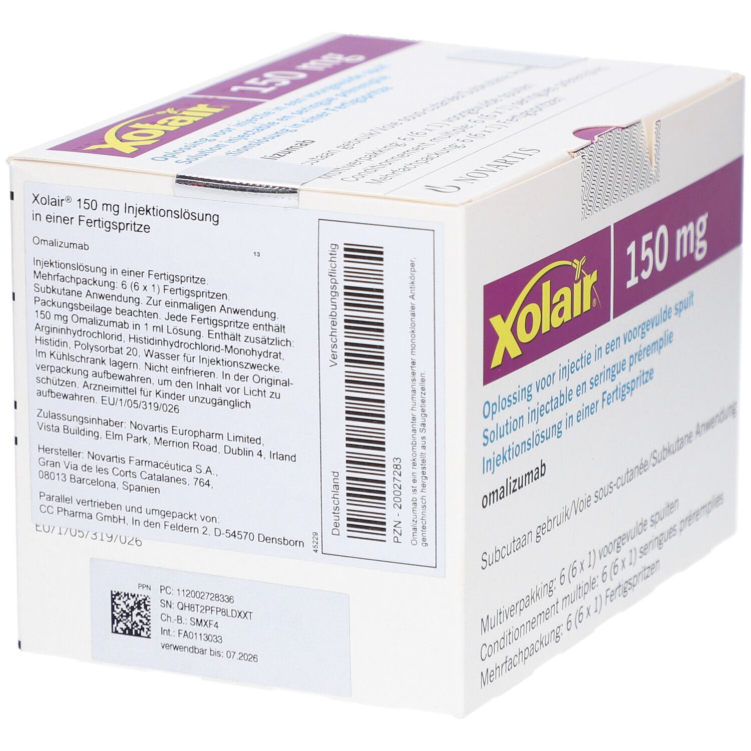 Karton mit Xolair 150 mg Injektionslösung. Aufdrucke: Produktname, Dosierung, Herstellerinformationen, Barcode, Chargennummer.