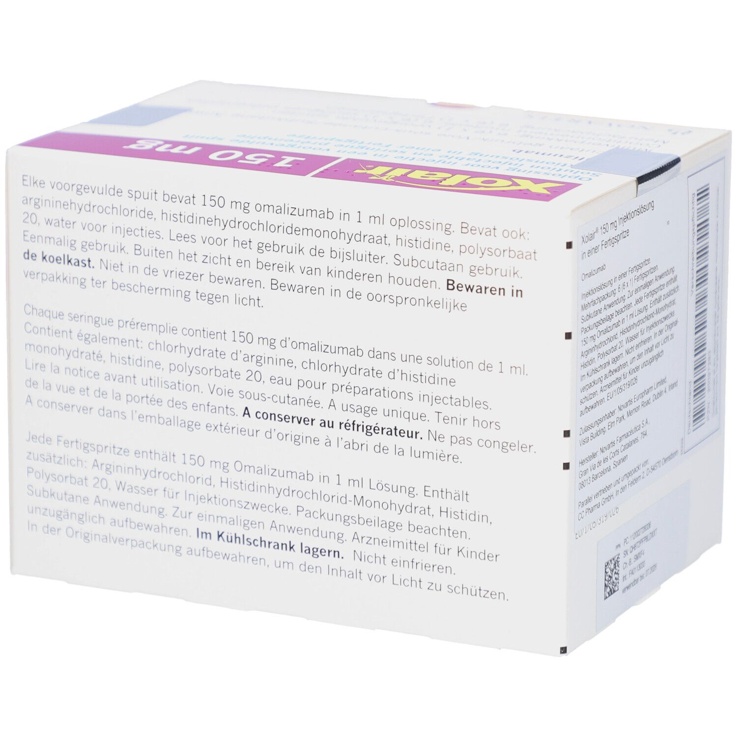 Rückseite der Xolair-Verpackung. Text: Zusammensetzung, Anwendungshinweise, Lagerungshinweise, Vorsichtsmaßnahmen.