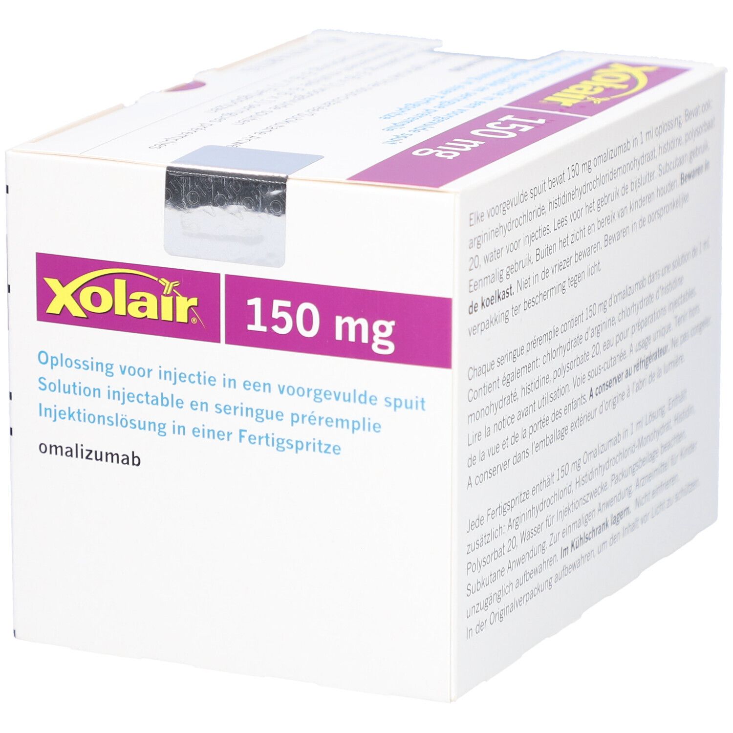 Xolair 150 mg Packung. Aufdruck: Produktname, Dosierung, Darreichungsform, Inhaltsstoffe, Hersteller.