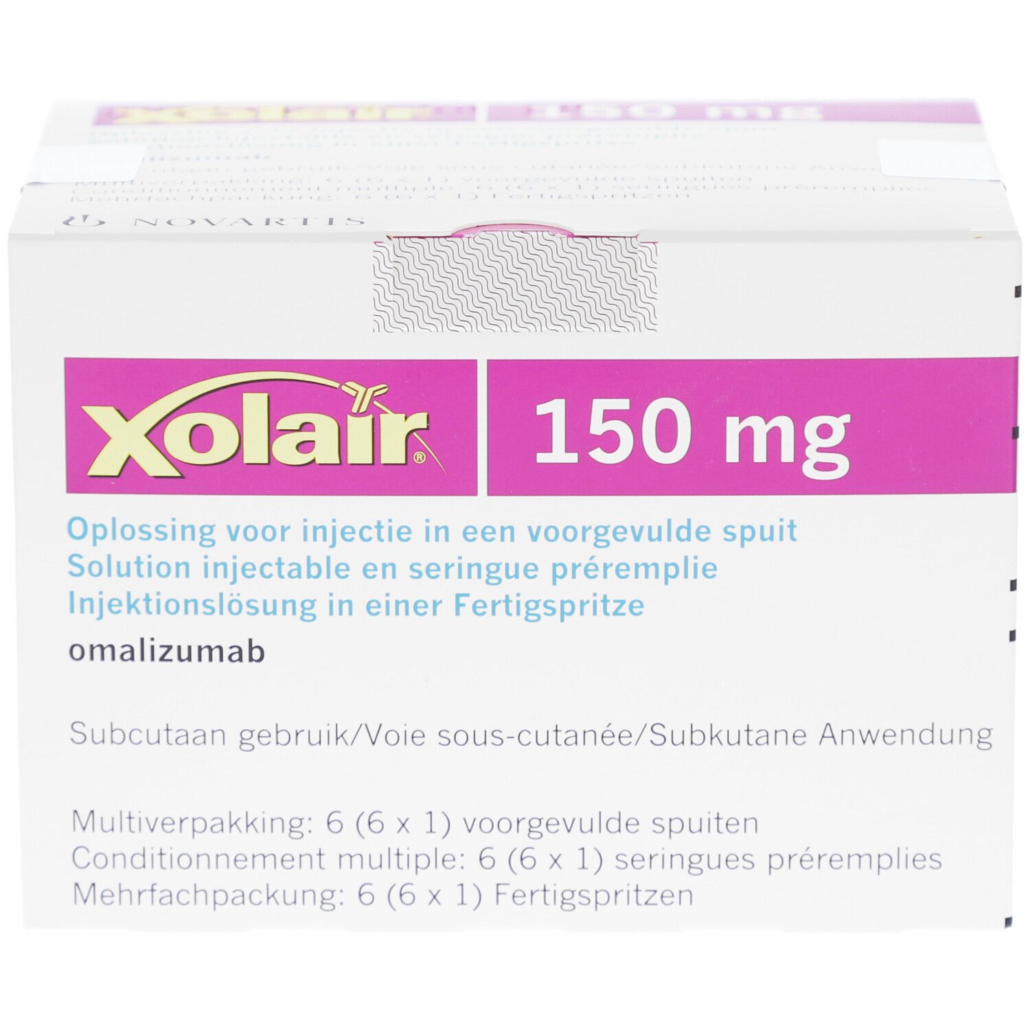 Xolair 150 mg Packung. Aufdruck: Produktname, Dosierung, Darreichungsform, Packungsinhalt, Anwendung.