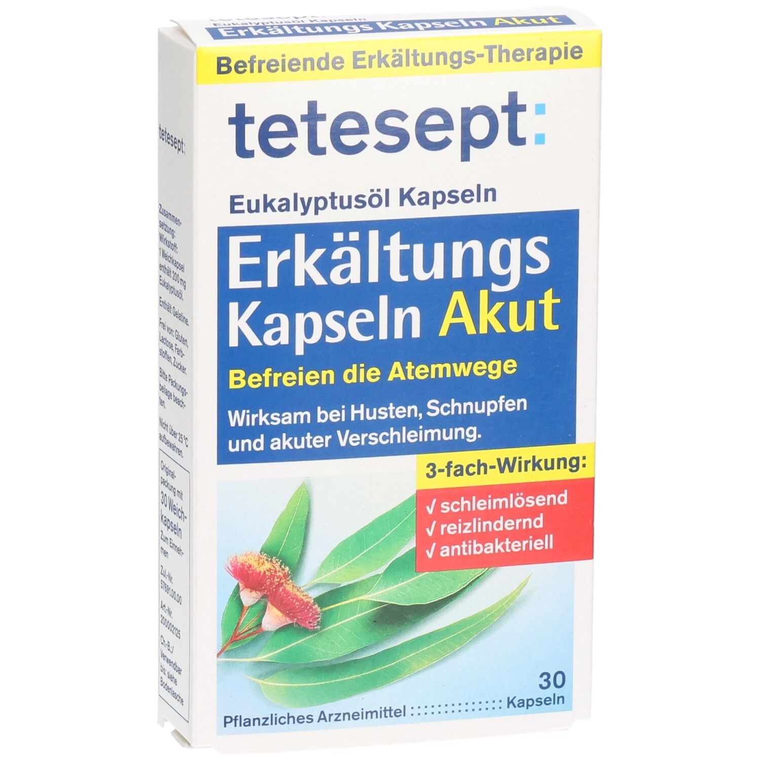 Weiße Schachtel mit "tetesept" und "Eukalyptusöl Erkältungs Kapseln Akut". Enthält 30 Kapseln. Abbildung von Eukalyptusblättern.